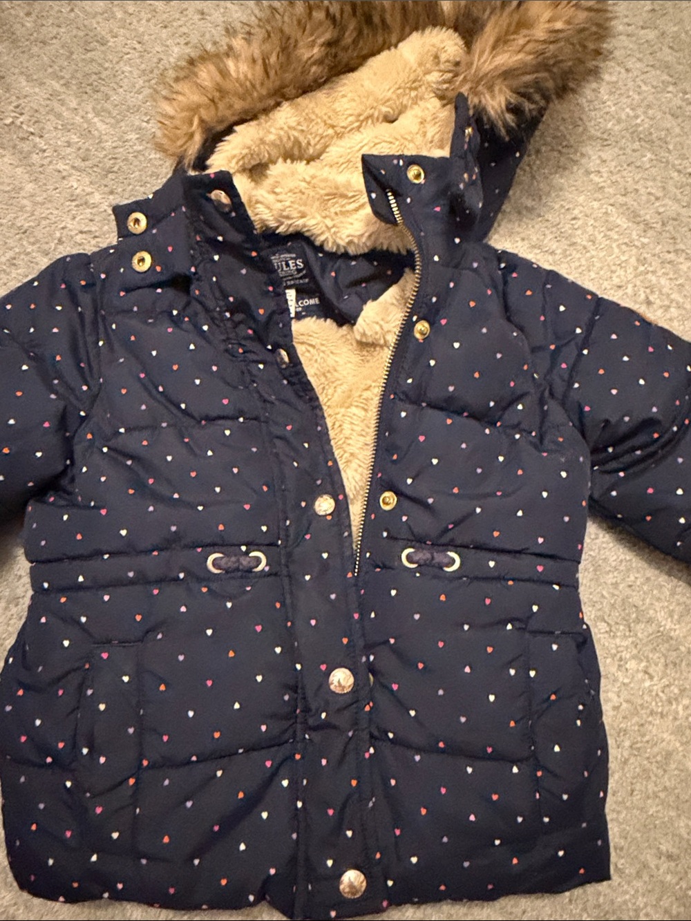 Joules Navy Puffer Jacket with Faux-Fur Hood and Multicolor Heart Print